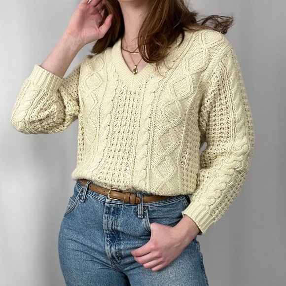 Vintage Cable Knit Oversized Fishermans Grandpa V-Neck Ribbed Preppy Sweater Top - Picture 8 of 8